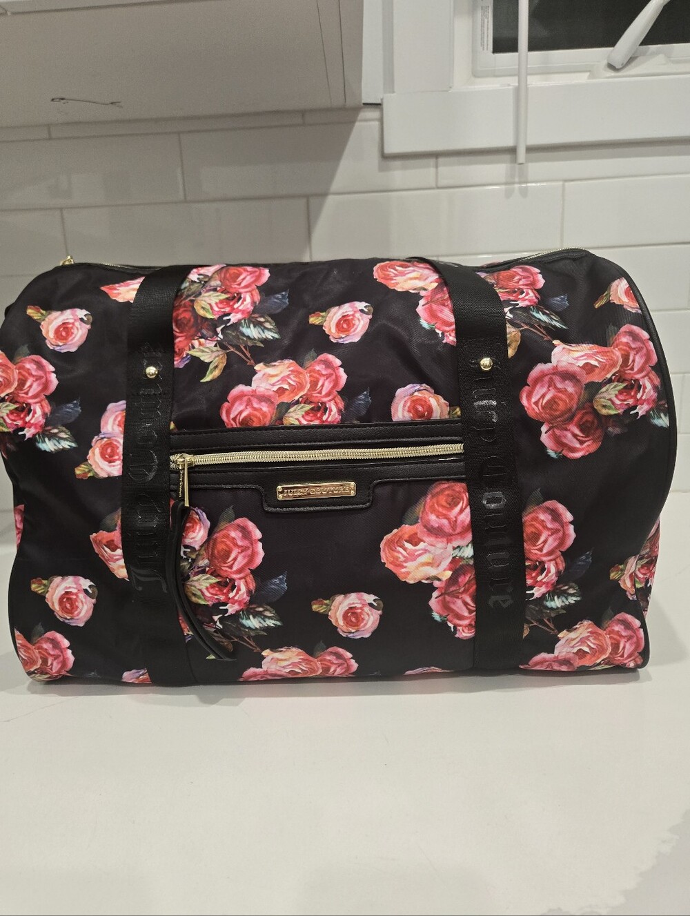 Floral Weekender Bag - Black with Pink Rose Print